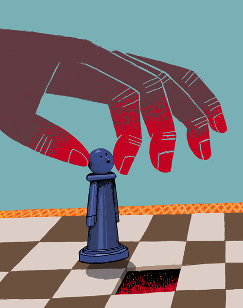 Illustration of a large hand moving an anthropomorphic chess pawn towards a gaping hole