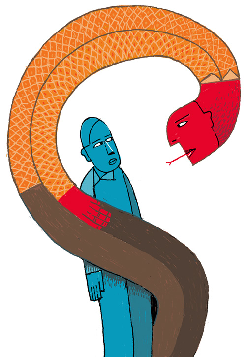 Illustration of a threatening snake like adult figure wrapping around a nervous youth